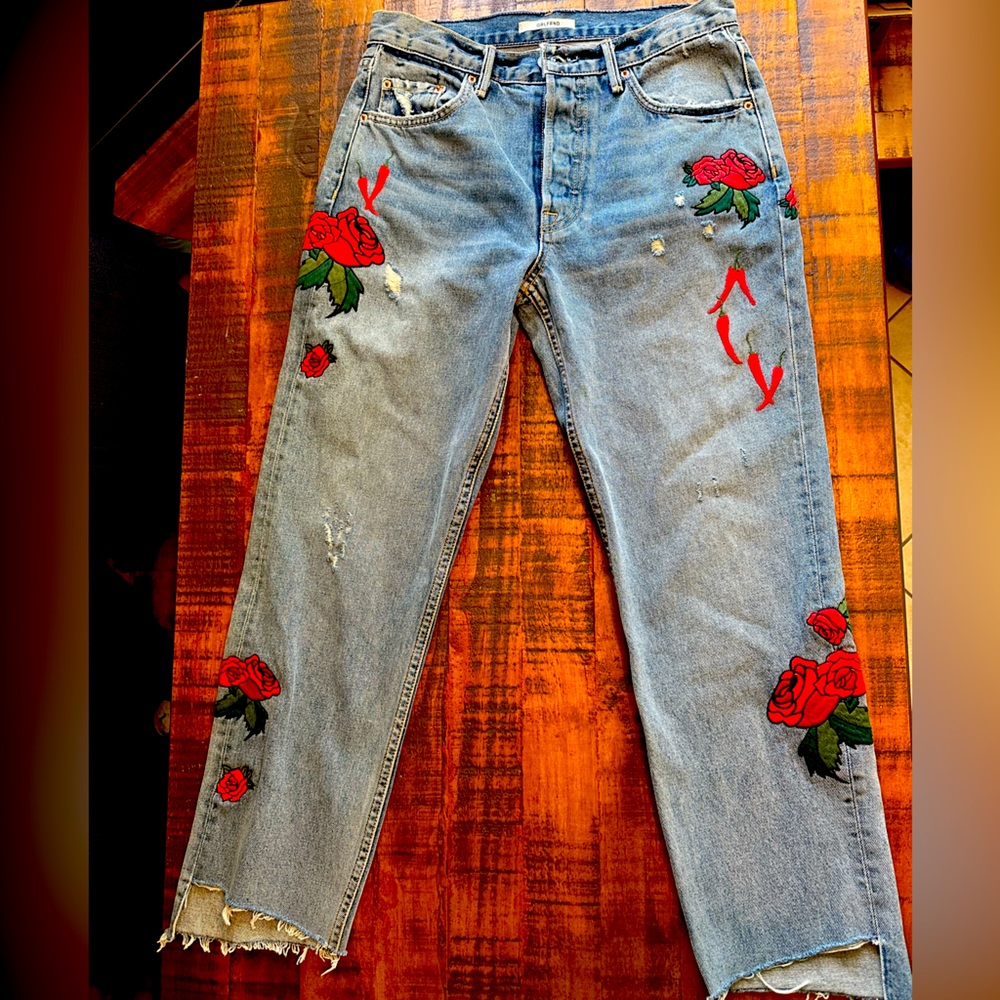 GRLFRND Embroidered Rose Cropped Jeans
